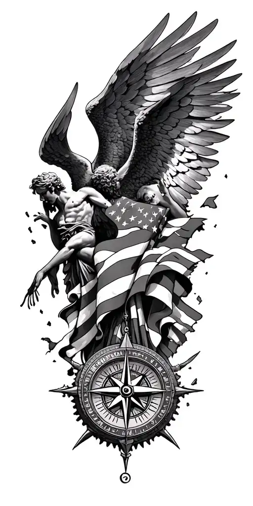 fallen angel and gods with nautical compass and pieces of torn American flag tattoo design idea