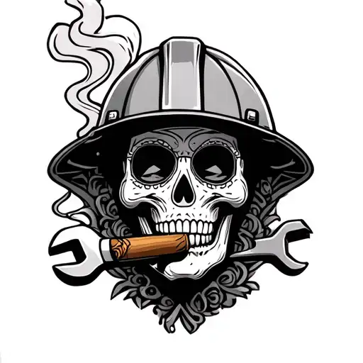 sugar skull wearing miners hard hat with wrench and piston in background and smoking a cigar tattoo design idea