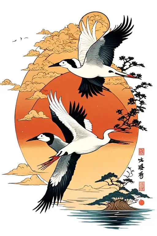 two japanese style cranes flying towards a setting sun with water beneath it  tattoo design idea