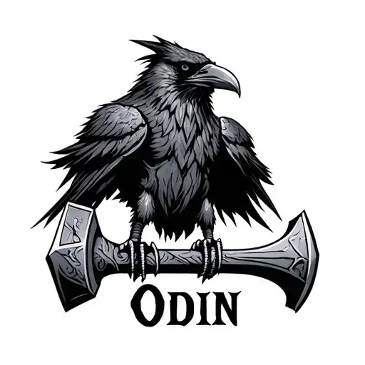 "Odin" Crow wearing Thors hammer neckless tattoo design idea