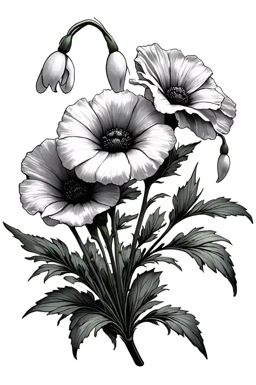 morning glory aster poppy snowdrops flowers intertwined  tattoo design idea