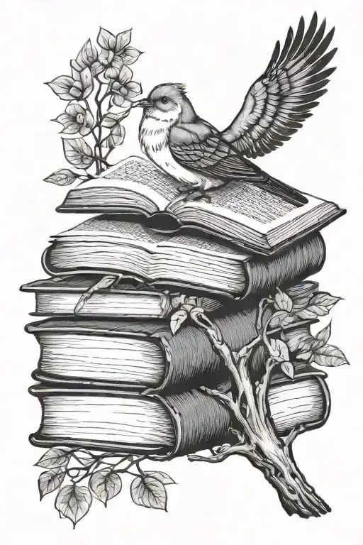 open book on top of closed books with tree growing out, fox and eastern bluebird tattoo design idea