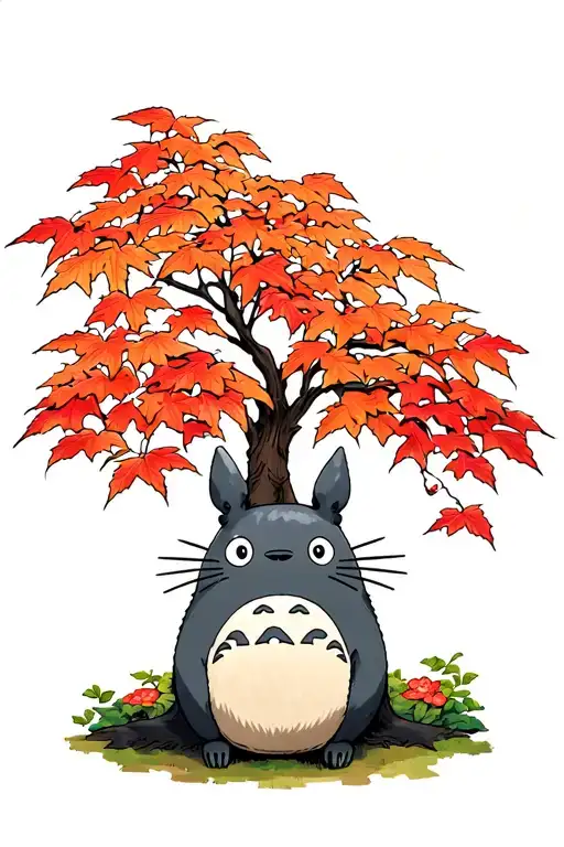 Totoro siting under a Japanese maple leaf tree tattoo design idea