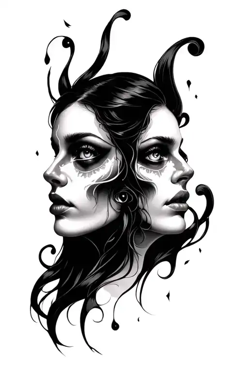 The tattoo features two mirrored faces of a woman on each side, each with multiple sets of eyes gothic, macabre, vibe tattoo design idea