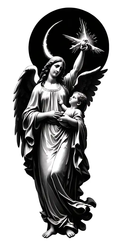 virgin mary, angel Gabriel fighting, heaven vs hell, baby angel tattoo design idea