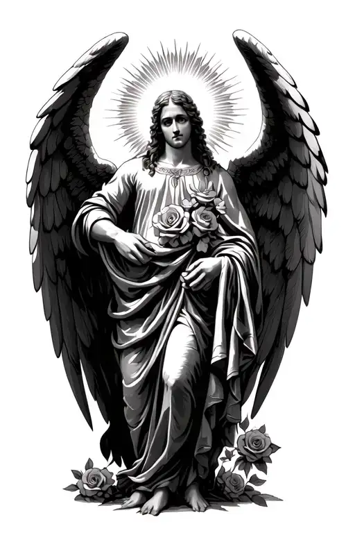 Archangel Barachiel holds a cloth on which roses are embroidered, the wings are open, behind the wings the rays of the sun are dawn, the halo is bright tattoo design idea