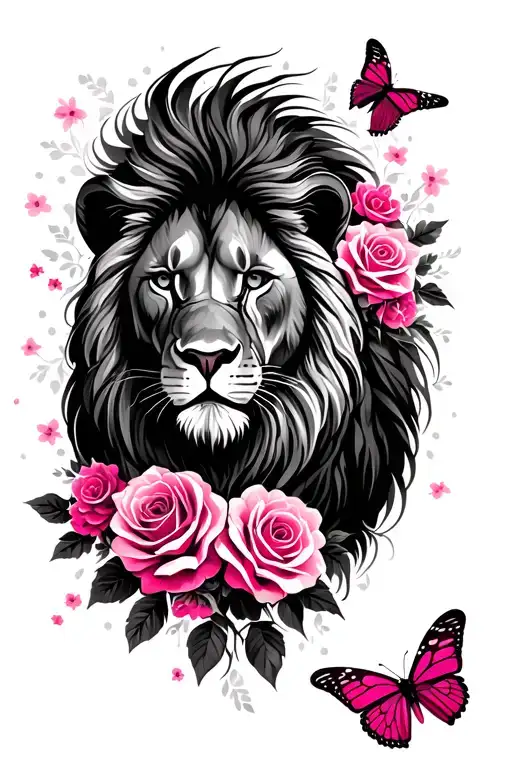 stencil of a majestic lion’s face, its mane flowing into floral. Pink-accented butterflies, with bloomed roses tattoo design idea