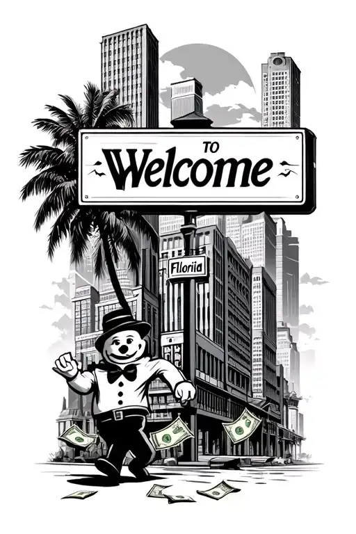 city buildings with the actual welcome to Florida sign and the actual monopoly man chasing money in the background  tattoo design idea