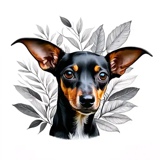 gemini, miniature pinscher with foliage tattoo design idea