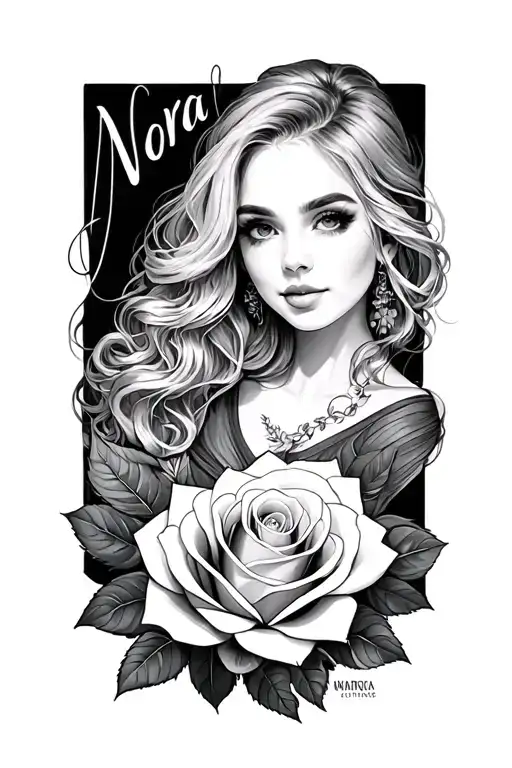 Nora in cursive into a rose tattoo design idea