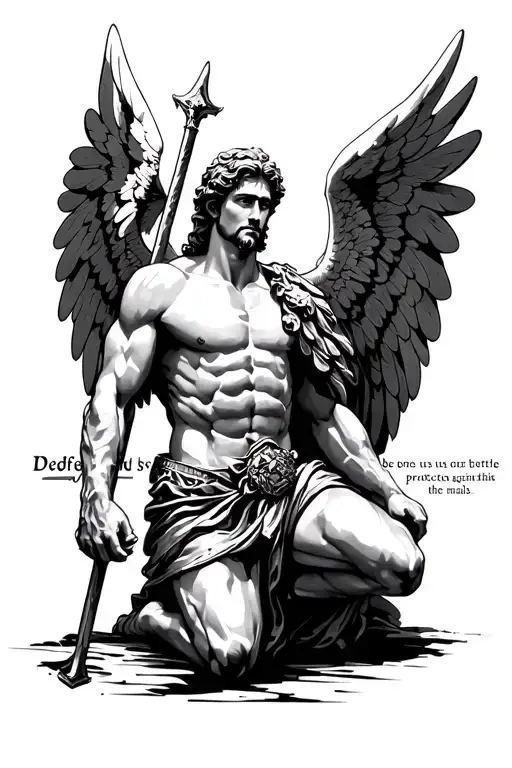 Modern St. Michael the Archangel kneeling. With the textdefend us in battle be our protection against the mailce and sna tattoo design idea