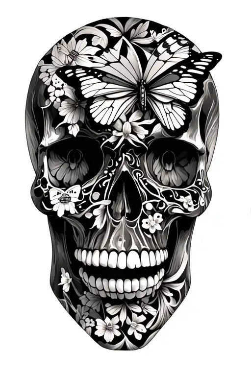 skull covered in butterflies  tattoo design idea