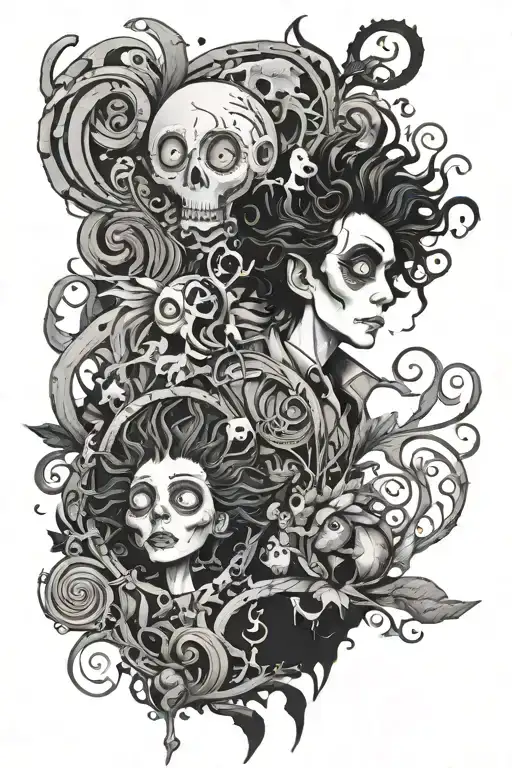 Tim Burton inspired tattoo sleeve tattoo design idea