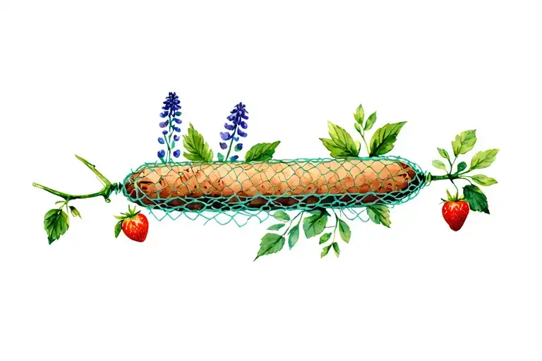 strawberry plants and lupin leaves wrapped around a Japanese fishing float cork covered in fish netting  tattoo design idea