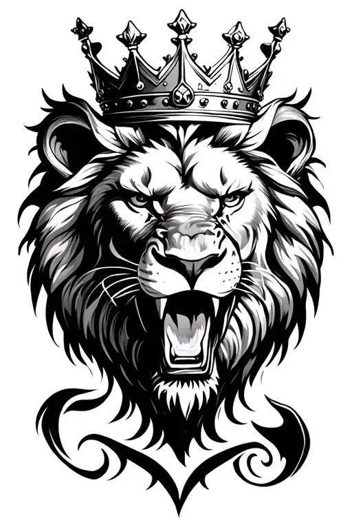 Fierce lion head with a kings crown facing forwards and roaring tattoo design idea