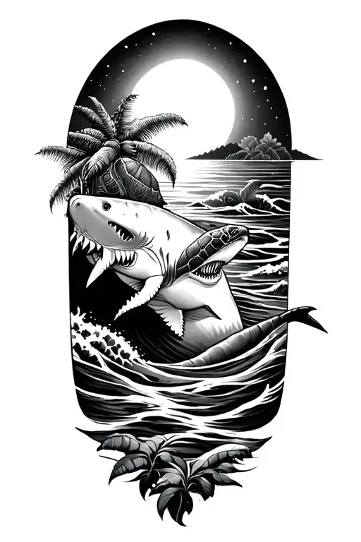 Polynesia, turtle, shark, slope, hected, the sun inside with the waves tattoo design idea