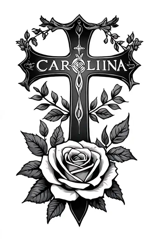 the name Carolina with a cross and a rose combined tattoo design idea