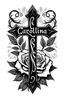 the name Carolina with a cross and a rose combined tattoo design idea