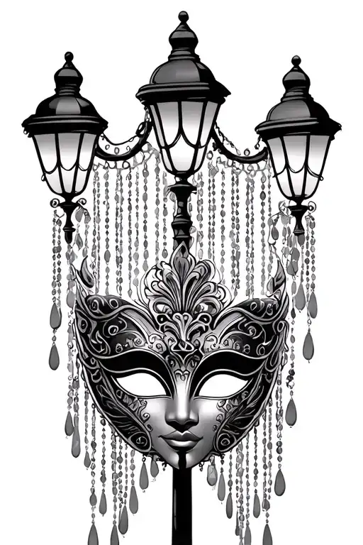 simple french quarter lamp post with hanging beads and Mardi gras mask tattoo design idea