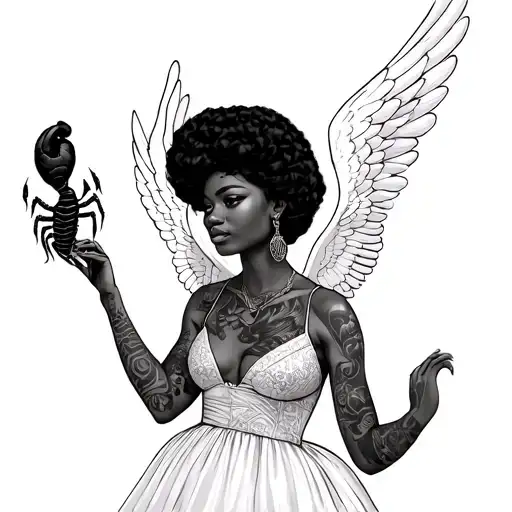 Draw me a black African American women holding a scorpio in her hand with afro puffs in a dress with angel wings and wit tattoo design idea