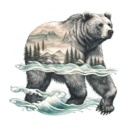 california bear with mountain and ocean waves forming tattoo design idea