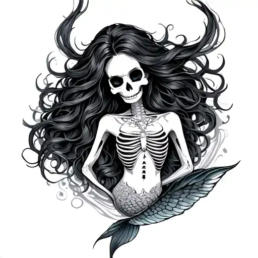 beauty mermaid with skeletor body tattoo design idea