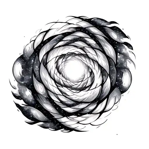 Abstract cosmic spiral galaxy with imperfect, trembling arms. Each spiral arm subtly splits into double lines, represent tattoo design idea