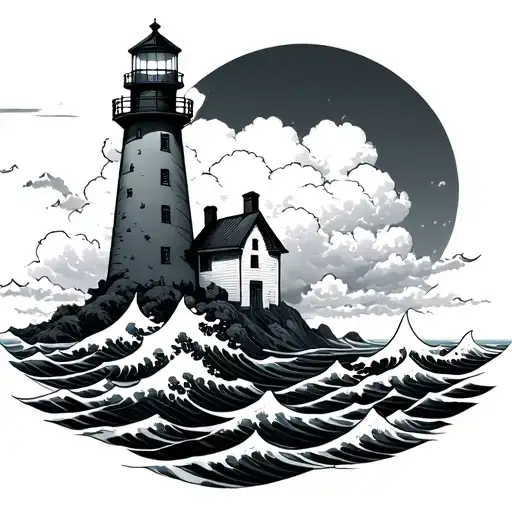 make a traditional lighthouse with waves behind it hitting a Japanese cloud all in black tattoo design idea