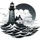 make a traditional lighthouse with waves behind it hitting a Japanese cloud all in black tattoo design idea