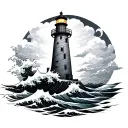 make a traditional lighthouse with waves behind it hitting a Japanese cloud all in black tattoo design idea