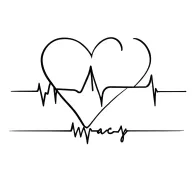 heart followed by heartbeat line then the word macy heartbeat line and dog paw tattoo design idea