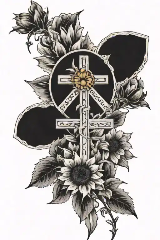 Forever in our hearts may your bright lights continue to shine forever. 3 Crosses and a sunflower  tattoo design idea