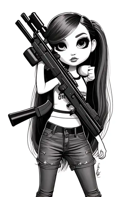 Bratz doll girl long hair holding a sniper rifle tattoo design idea