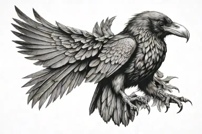 Main Design: A large, detailed raven with its wings spread out, covering the upper chest and extending tattoo design idea