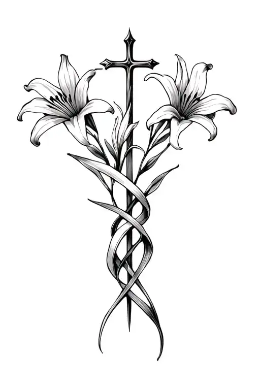 Three nails creating a cross with lillies wrapped around tattoo design idea