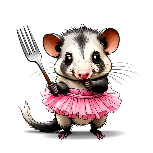 cute sketch possum holding fork wearing pink tutu tattoo design idea