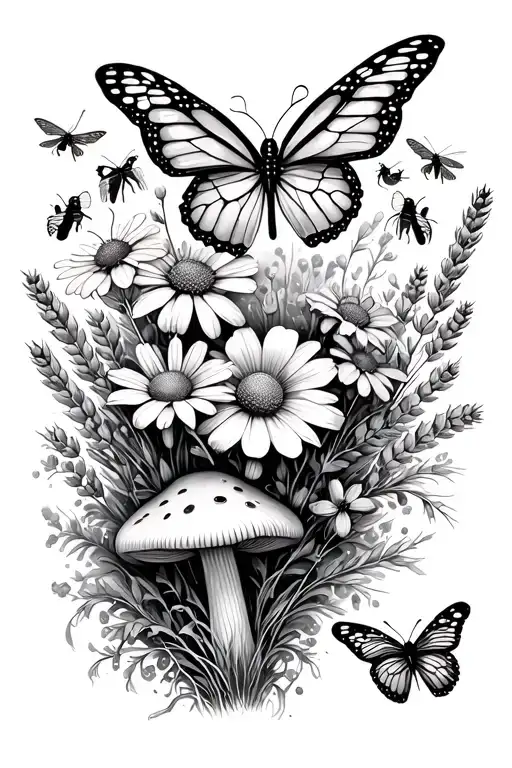 wildflowers, whimsical, fairy, frogs, butterflys, mushrooms, bees and dragonflys, lavender sprigs, wheat sprigs garden m tattoo design idea