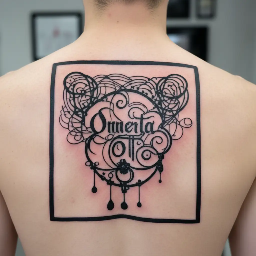 omerta text calligraphy style with prayer beads intertwined tattoo design idea