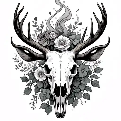 - Smoke coming out of a moose skulls nose, flowers in the antlers, vines (ivy), baby’s breathe, rose, Queen Anne’s lace tattoo design idea