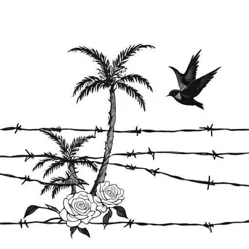 barbed wire with windy palm trees bird and rose suicideboys  tattoo design idea