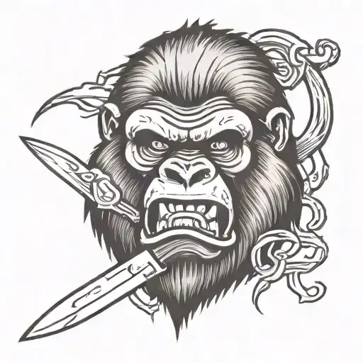 angry gorilla head with fangs and knife in blood tattoo design idea