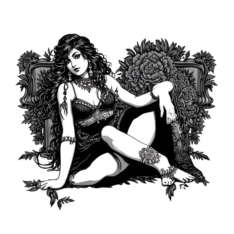 Gypsy Girl Pin Up Full Bodied Sultry Alluring Barefoot Traditional Style tattoo design idea