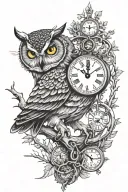 owl perched on a branch with a clock inside tattoo design idea
