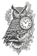 owl perched on a branch with a clock inside tattoo design idea