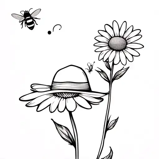 daisy flower with a bee flying away and a  small summer hat tattoo design idea