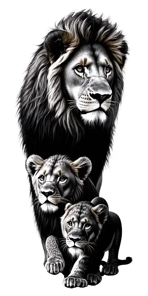 incorporate the love of money , time , 4 boy lion cubs , a female lion and a male lion  tattoo design idea