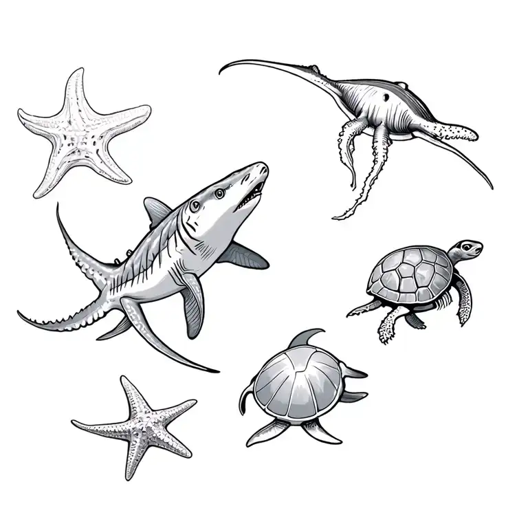 whale shark, jellyfish, stingray, hammerhead shark, turtle, starfish tattoo design idea