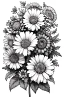simple carnation, daisy, aster, marigold layered arrangement with all flowers equally emphasized, with no extra foliage tattoo design idea