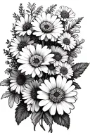 simple carnation, daisy, aster, marigold layered arrangement with all flowers equally emphasized, with no extra foliage tattoo design idea