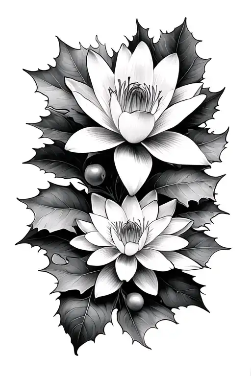 Holly Berry and water lily tattoo design idea